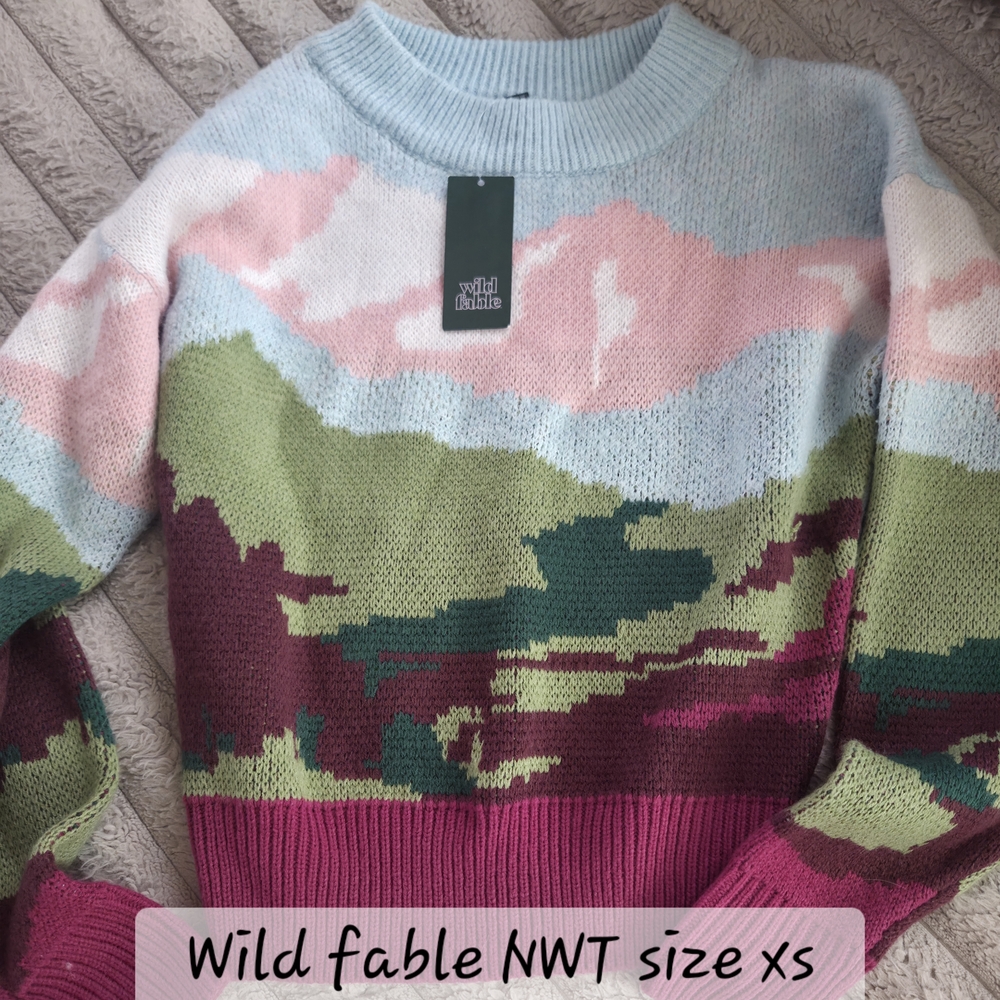 wild fable pastel multi-color landscape crewneck sweater